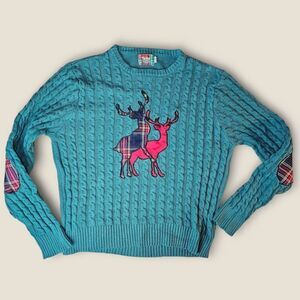 Spencers Naughty Reindeer Green Christmas Cable Knit Pullover Sweater XLarge